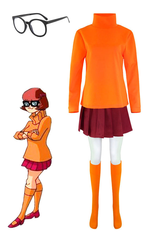 Adults VELMA Dinkley Fancy Dress Costume+Wig Scooby Doo Ladies Mystery  Detective