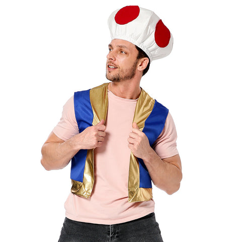 Adult Toad Costume. Mushroom Hat, Tshirt & Vest