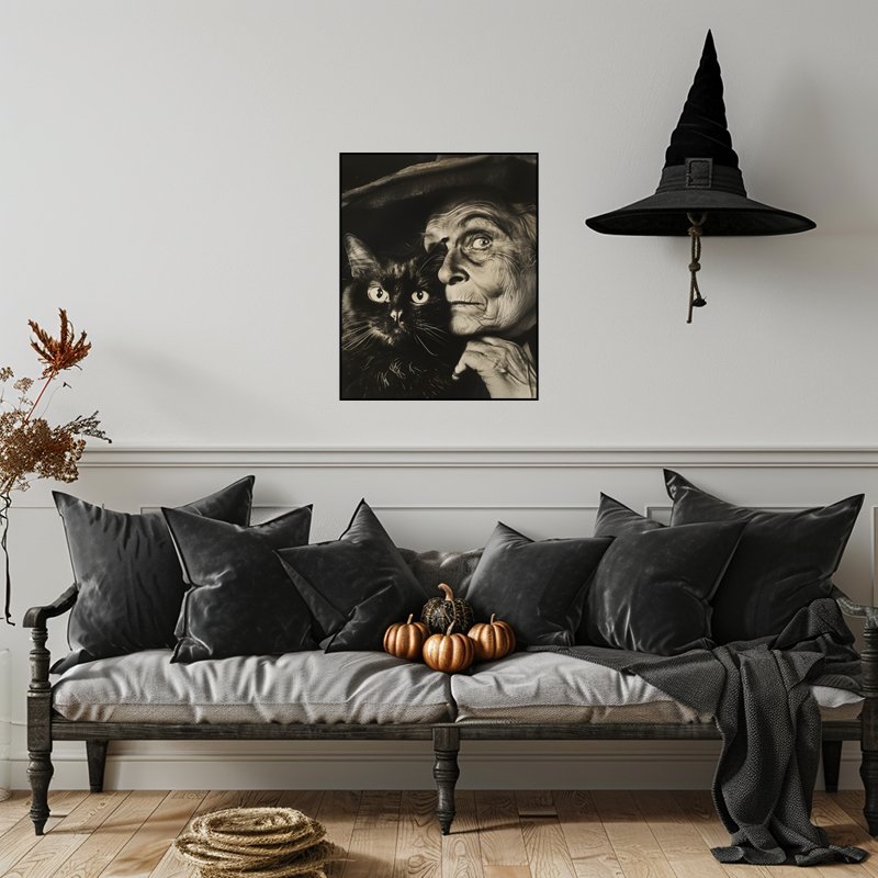 Witch and Cat, Halloween Poster, Wall Decor. Unframed