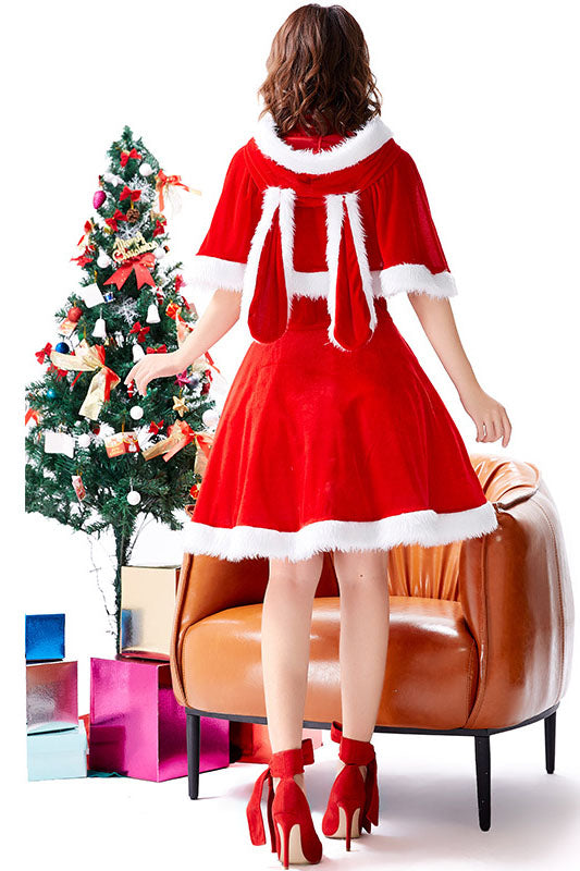 Christmas Red Dress Rabbit Ear Cloak Costume for Women
