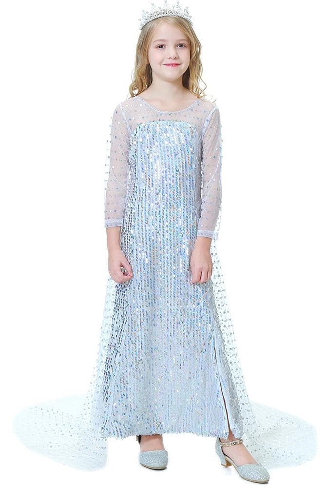 Frozen Elsa White Long Sequin Dress with Cape For Toddler and Girls