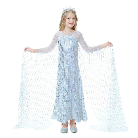 Frozen Elsa White Long Sequin Dress with Cape For Toddler and Girls