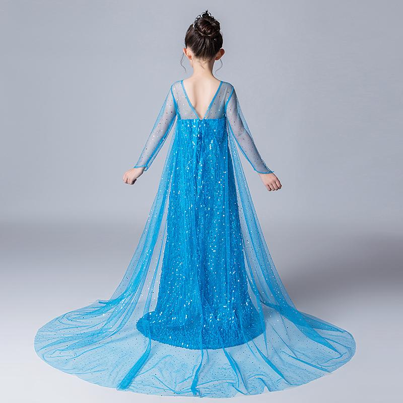 Frozen Elsa Long Dress with Sequins and Trail For Girls