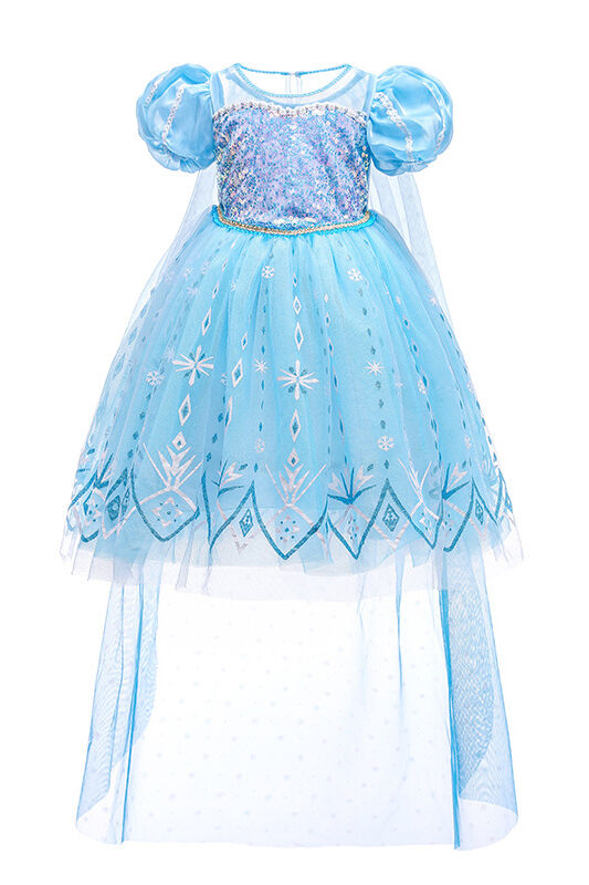 Elsa Inspired Dress For Kids Short Sleeve With Trail