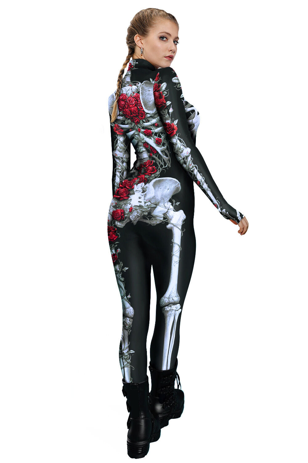 Halloween Scary Skeleton Rose Catsuit Costume