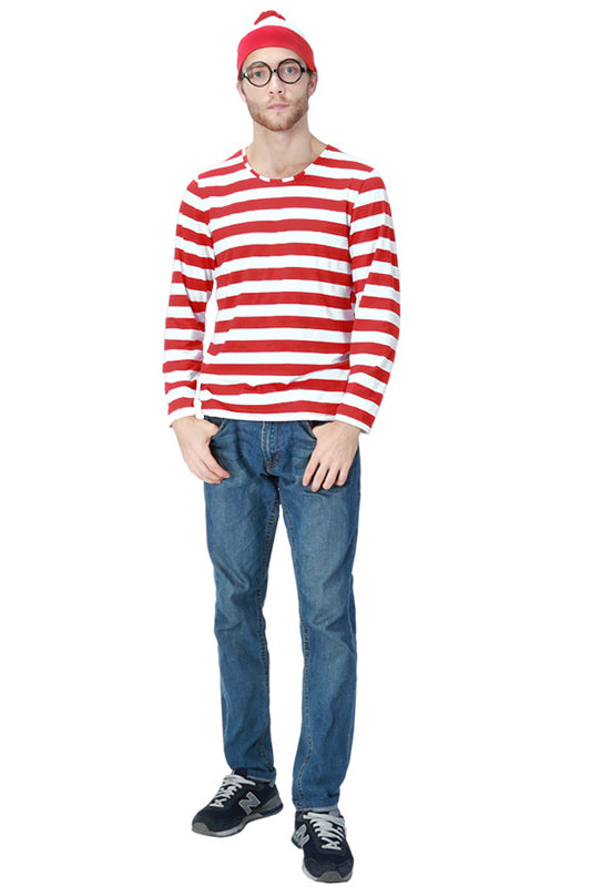 Where's Wally Costume for Adults. Striped Shirt, Hat and Glasses