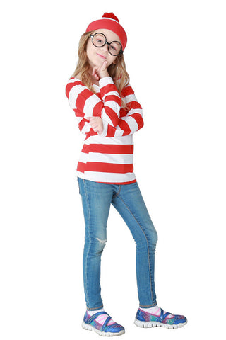 Where's Wally Costume for Children. Striped Shirt, Hat and Glasses